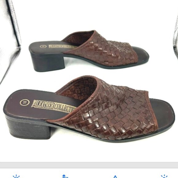 Leather Collection ladies Brown slides chunky 10 Woven Heel Sandal vtg y2k 90s - Picture 7 of 12